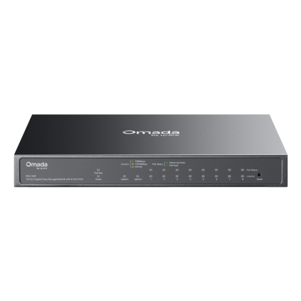 TP-Link Omada ES210GP Switch con 10 Puertos - Gestionado - 8xRJ45 PoE+ 1Gbps - 1xRJ45 1Gbps - 1xRJ45/SFP Combo - Plug and Play - Soporta QOS - Carcasa Metalica - Color Negro