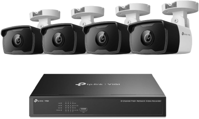 TP-Link Vigi NK8P-B434I Pack de Videovigilancia con 4 Camaras y Grabadora NVR de 8 Canales - 4K - Deteccion Inteligente - IP67 - Resolucion de 3Mpx - Vision Nocturna - Color Blanco y Negro