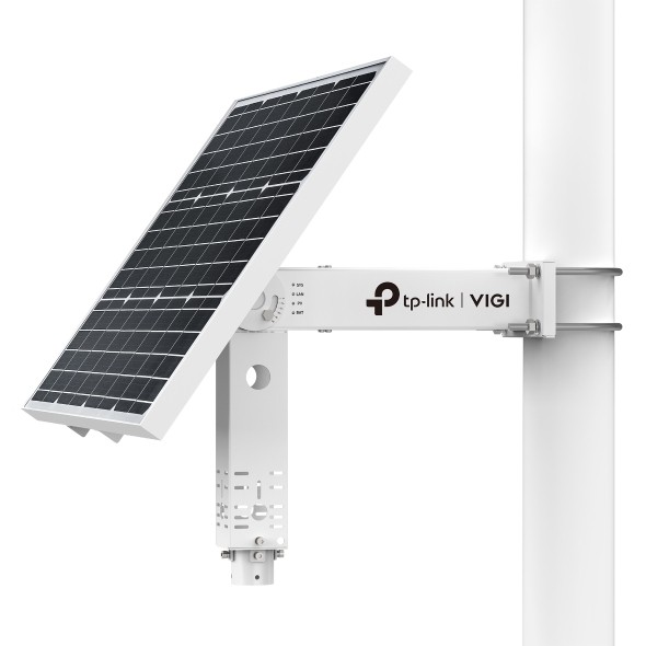 TP-Link Vigi SP6020 Panel Solar con Soporte para Camaras - 60W - Bateria 20.8Ah - IP66 - Ethernet RJ45 - Velocidad hasta 100Mbps - Regulador de Carga MPPT - Color Blanco y Negro