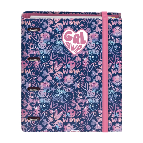 Dohe Girl Power Carpeta con 4 Anillas de 35mm - 100 Hojas Offset de 90g - 5x5mm - 4 Separadores - Sobre Multitaladro - Cubierta de Carton Plastificado - 28x32x4cm - Multicolor