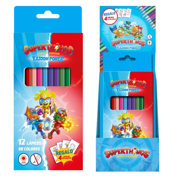 Dohe Superthings Expositor con 12 Cajas de 12 Lapices de Colores - Forma Hexagonal - Mina de 2.8mm - Plantillas para Colorear Incluidas - Madera Roja - Colores Surtidos