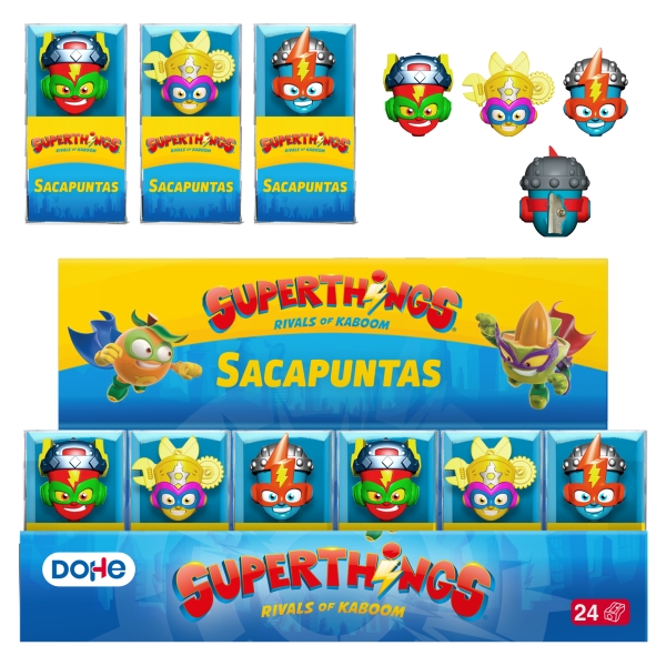 Dohe Superthings Expositor con 24 Sacapuntas - PVC - Cuchilla de Acero - Formas Surtidas