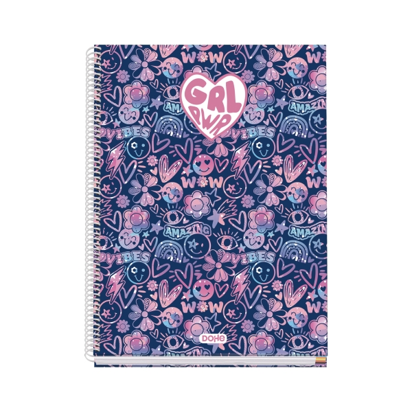 Dohe Girl Power Cuaderno de Espiral Metalica - Formato A4 - 100 Hojas Offset de 90g - 5x5mm - Microperforadas - Banda de Color - Tapa Dura Plastificada - 23x30x2cm - Multicolor
