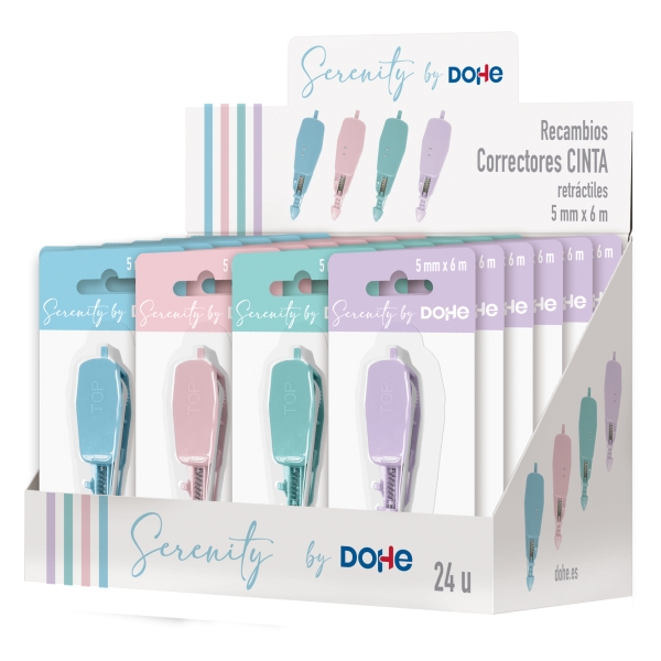 Dohe Serenity Expositor con 24 Recambios de Cinta Correctora - 5mm x 6m - Retractil - Colores Surtidos