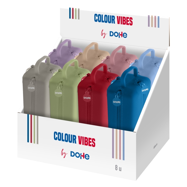 Dohe Vibes Expositor con 8 Portatodo - 4 Cremalleras - Tirador de Goma - Silicona de Tacto Suave - Asa Lateral - Colores Surtidos