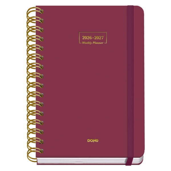 Dohe Premium Agenda Escolar 26/27 - Formato A5 - Dia Pagina - Papel Offset Ahuesado 80g - Cubierta de Carton Plastificado - Espiral Metalica Doble - Goma - 15x21x4cm - Color Burdeos