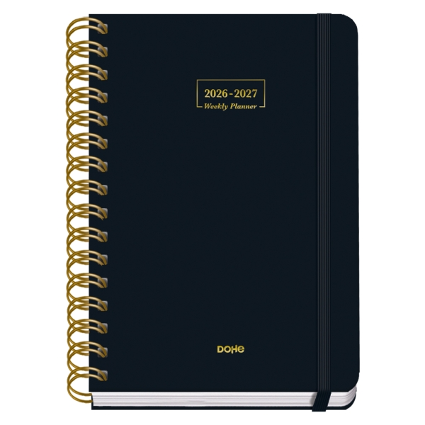 Dohe Premium Agenda Escolar 26/27 - Formato A5 - Dia Pagina - Papel Offset Ahuesado 80g - Cubierta de Carton Plastificado - Espiral Metalica Doble - Goma - 15x21x4cm - Color Negro
