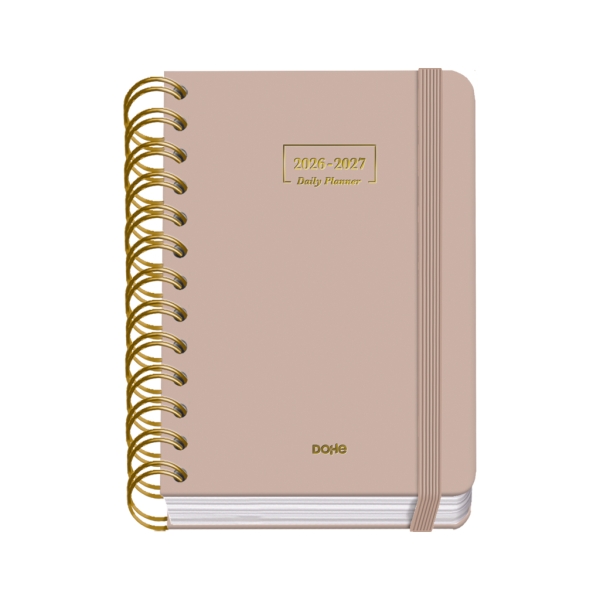 Dohe Premium Agenda Escolar 26/27 - Formato A6 - Dia Pagina - Papel Offset Ahuesado 80g - Cubierta de Carton Plastificado - Espiral Metalica Doble - Goma - 12x17x3cm - Color Beige