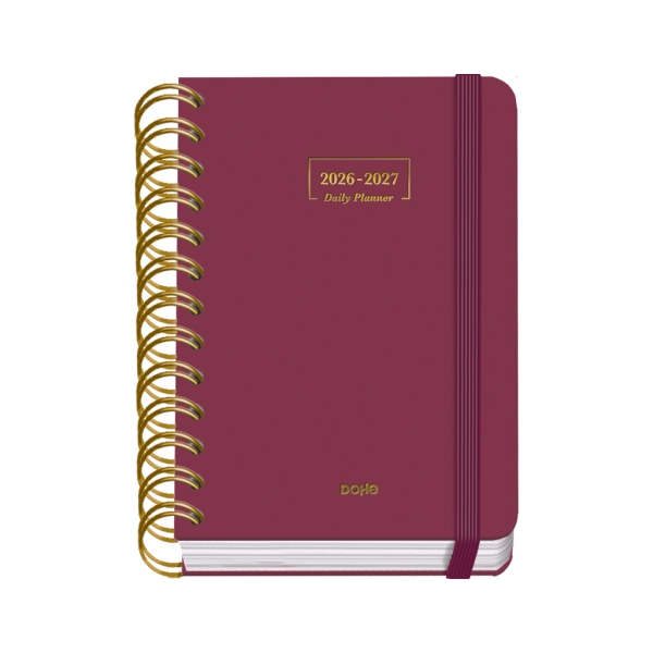 Dohe Premium Agenda Escolar 26/27 - Formato A6 - Dia Pagina - Papel Offset Ahuesado 80g - Cubierta de Carton Plastificado - Espiral Metalica Doble - Goma - 12x17x3cm - Color Burdeos