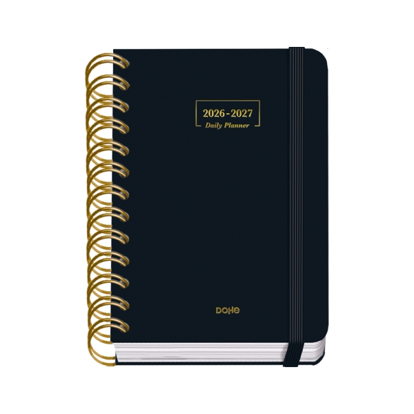 Dohe Premium Agenda Escolar 26/27 - Formato A6 - Dia Pagina - Papel Offset Ahuesado 80g - Cubierta de Carton Plastificado - Espiral Metalica Doble - Goma - 12x17x3cm - Color Negro