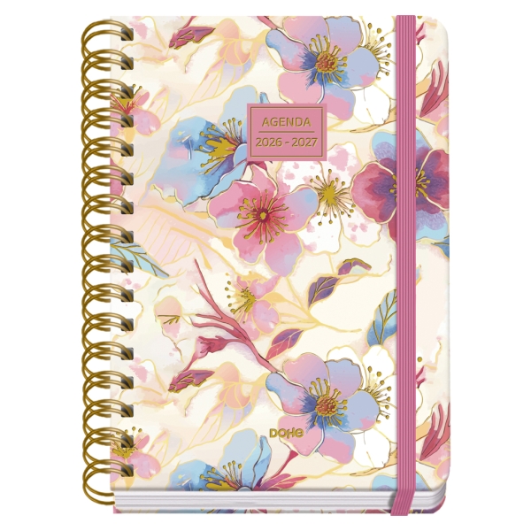 Dohe Premium Magnolia Agenda Escolar 26/27 - Formato A5 - Semana Vista - Papel Offset Ahuesado 80g - Cubierta de Carton Plastificado - Espiral Metalica Doble - Goma - 15x21x2cm - Multicolor