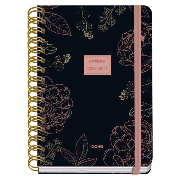 Dohe Premium Noir Agenda Escolar 26/27 - Formato A5 - Semana Vista - Papel Offset Ahuesado 80g - Cubierta de Carton Plastificado - Espiral Metalica Doble - Goma - 15x21x2cm - Color Negro