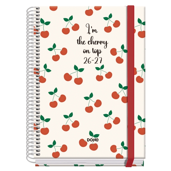 Dohe Prime Cerezas Agenda Escolar 26/27 - Formato A5 - Dia Pagina - Papel Offset Ahuesado 70g - Cubierta de Carton Plastificado - Espiral - Goma - 15x21x4cm - Multicolor