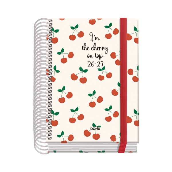 Dohe Prime Cerezas Agenda Escolar 26/27 - Formato A6 - Dia Pagina - Papel Offset Ahuesado 70g - Cubierta de Carton Plastificado - Espiral - Goma - 12x17x3cm - Multicolor