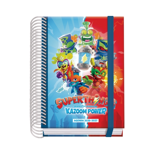 Dohe Prime Superthings Agenda Escolar 26/27 - Formato A6 - Dia Pagina - Papel Offset Ahuesado 70g - Cubierta de Carton Plastificado - Espiral - Goma - 12x17x3cm - Multicolor