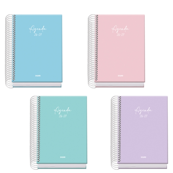 Dohe Basic Serenity Agenda Escolar 26/27 - Formato A6 - Dia Pagina - Papel Offset Ahuesado 70g - Cubierta de Carton Plastificado - Espiral Metalica - Goma - 12x17x3cm - Colores Surtidos