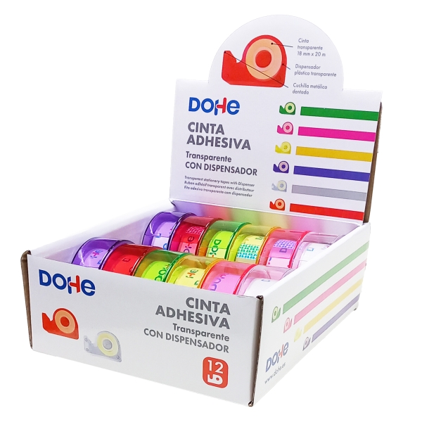 Dohe Expositor con 12 Mini Portarrollos - Cinta Adhesiva 18mm x 20m - Colores Surtidos