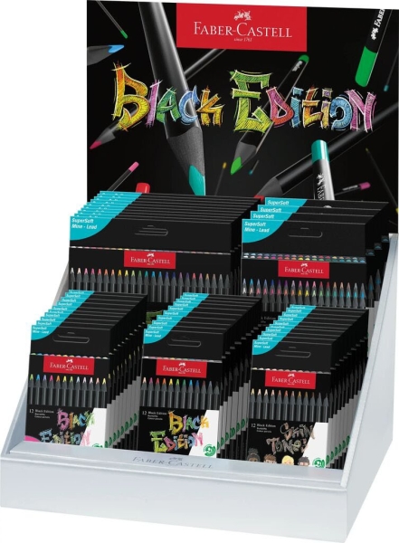 Faber-Castell Black Edition Expositor con 44 Estuches Surtidos de Lapices de Colores - Mina Supersuave - Madera Negra - Ideales para Dibujo sobre Papel Claro, Oscuro y de Colores - Colores Surtidos