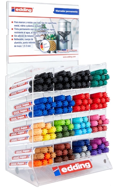 Edding 3000 Expositor con 128 Rotuladores Permanentes - Punta Redonda de 1.5mm - Trazo entre 1.5 y 3mm - Recargable - Secado Rapido - Colores Surtidos Gama Completa