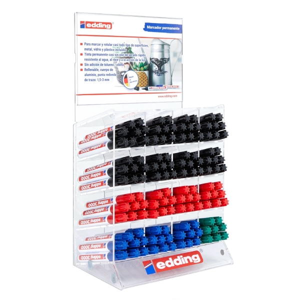 Edding 3000 Expositor con 128 Rotuladores Permanentes - Punta Redonda de 1.5mm - Trazo entre 1.5 y 3mm - Recargable - Secado Rapido - Colores Negro, Azul, Rojo y Verde