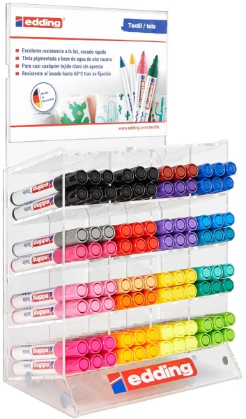 Edding 4500 Expositor con 96 Rotuladores Permanentes para Textil - Punta Redonda - Trazo entre 2 y 3mm - Olor Neutro - Secado Rapido - Colores Surtidos Gama Completa