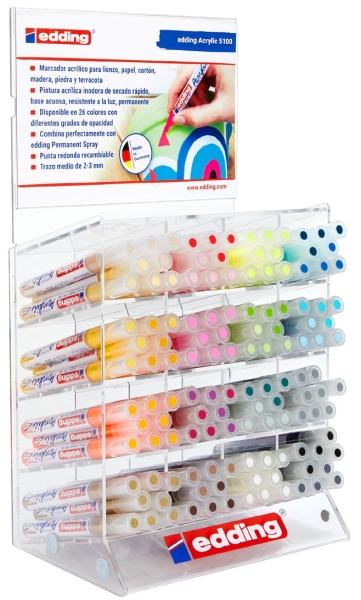 Edding 5100 Acrylic Expositor con 132 Rotuladores Permanentes Acrilicos - Punta Redonda 2-3mm - Trazo Medio - Resistente a la Luz - Secado Rapido - Colores Surtidos Gama Completa