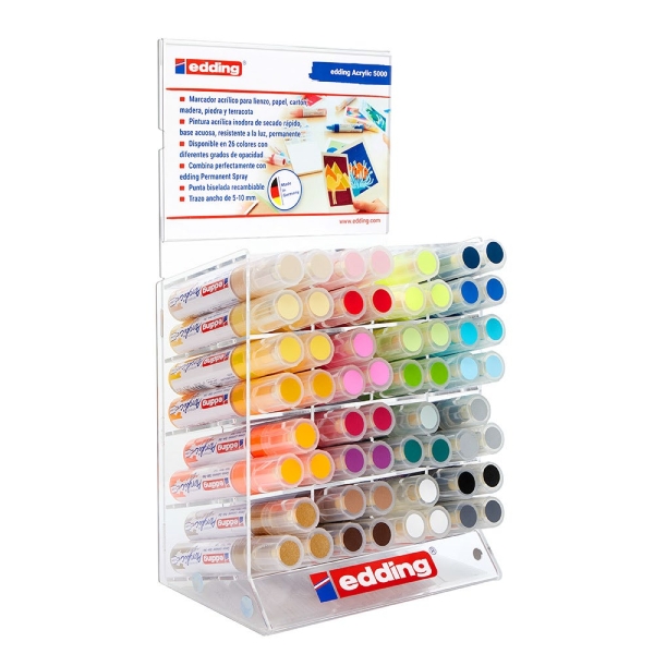 Edding 5000 Acrylic Expositor con 57 Rotuladores Permanentes Acrilicos - Punta Biselada 4-15mm - Trazo 5-10mm - Resistente a la Luz - Secado Rapido - Colores Surtidos Gama Completa