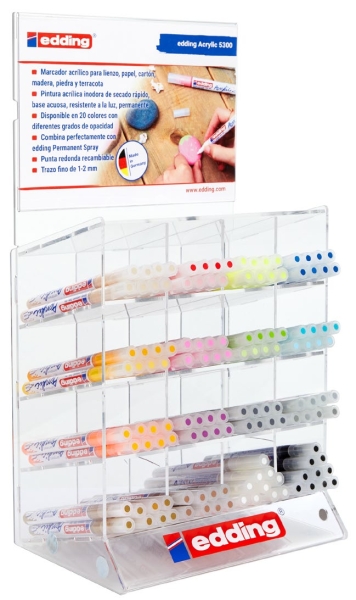 Edding 5300 Acrylic Expositor con 137 Rotuladores Permanentes Acrilicos - Punta Biselada 1-2mm - Trazo Fino - Resistente a la Luz - Secado Rapido - Colores Surtidos Gama Completa