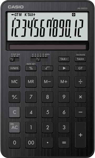 Casio JW-200DQ Calculadora de Sobremesa Compacta con Pantalla LCD de 12 Digitos - Calculo de Impuestos, Porcentajes, Raiz Cuadrada etc... - Alimentacion Solar y Pilas - Color Negro