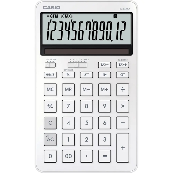 Casio JW-200DQ Calculadora de Sobremesa Compacta con Pantalla LCD de 12 Digitos - Calculo de Impuestos, Porcentajes, Raiz Cuadrada etc... - Alimentacion Solar y Pilas - Color Blanco