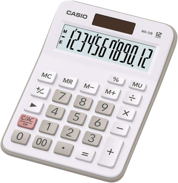 Casio MX-12B Calculadora de Escritorio Pequeña - Pantalla LCD de 12 Digitos - Solar y Pilas - Color Blanco