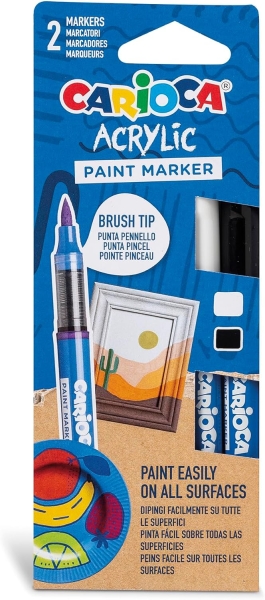 Carioca Acrylic Pack de 2 Marcadores de Pintura Acrilica - Punta Pincel - Tinta a Base de Agua - Alta Cobertura - Colores Blanco y Negro