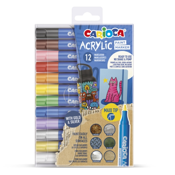 Carioca Acrylic Pack de 12 Marcadores de Pintura Acrilica - Punta Maxi - Tinta a Base de Agua - Alta Cobertura - Colores Surtidos