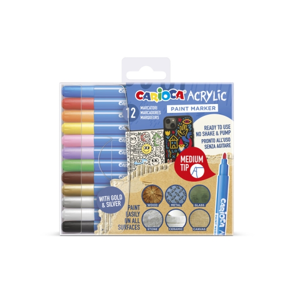 Carioca Acrylic Pack de 12 Marcadores de Pintura Acrilica - Punta Media - Tinta a Base de Agua - Alta Cobertura - Colores Surtidos