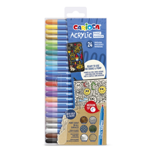 Carioca Acrylic Pack de 24 Marcadores de Pintura Acrilica - Punta Media - Tinta a Base de Agua - Alta Cobertura - Colores Surtidos