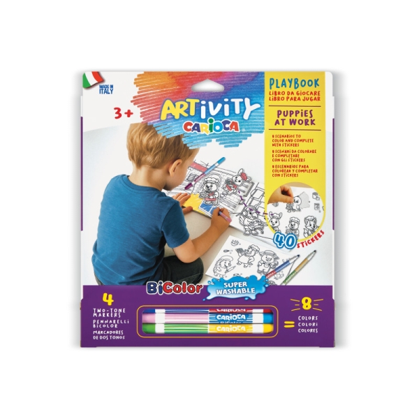 Carioca Artivity Rotuladores Libro con 40 Pegatinas para Colorear + 4 Rotuladores Bicolor - 8 Escenarios para Colorear