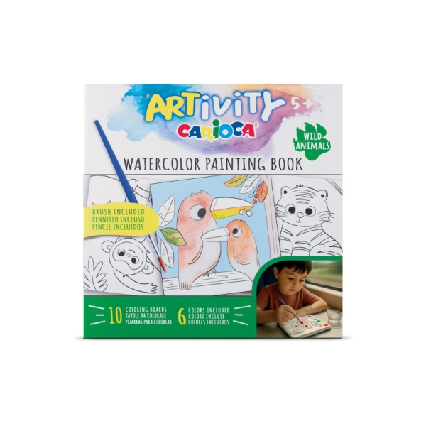 Carioca Artivity Acuarelas Wild Animals Libro para Colorear con Acuarelas - Cada Pagina contiene una Paleta con 6 Colores de Acuarela - Pincel Incluido