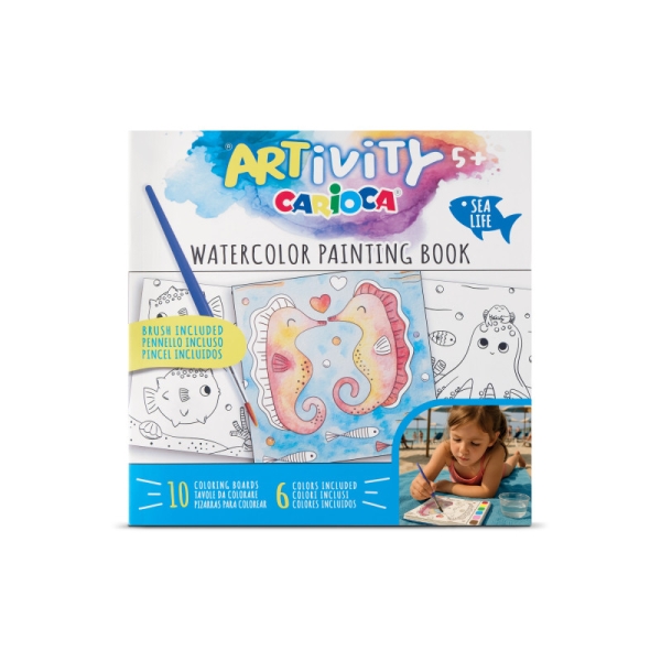 Carioca Artivity Acuarelas Sea Life Libro para Colorear con Acuarelas - Cada Pagina contiene una Paleta con 6 Colores de Acuarela - Pincel Incluido