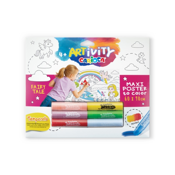 Carioca Artivity Fairy Tale Poster Maxi para Colorear - Tamaño 90x60cm - Incluye 6 Temperas Solidas Temperello