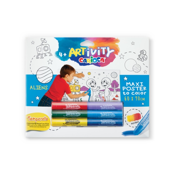 Carioca Artivity Aliens Poster Maxi para Colorear - Tamaño 90x60cm - Incluye 6 Temperas Solidas Temperello