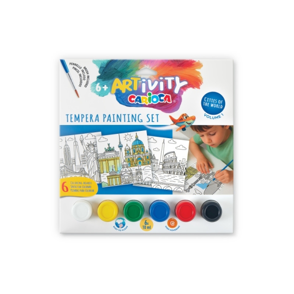 Carioca Artivity Cities of the World Vol. 1 Pack con 6 Laminas para Pintar + 6 Botes de Tempera + Pincel