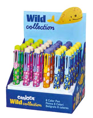 Carioca Wild Collection Expositor con 30 Boligrafos de 8 Colores - Punta 1mm - Divertidos Diseños de Animales - Clip de Sujeccion