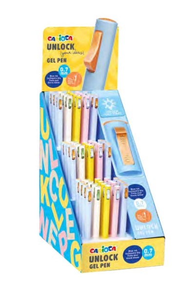 Carioca Unlock Gel Expositor con 60 Boligrafos de Tinta Gel Retractiles - Punta 0.7mm - Mecanismo de Clic Patentado - Tinta Color Azul - Cuerpo de Diferentes Colores Pastel