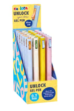 Carioca Unlock Gel Expositor con 24 Boligrafos de Tinta Gel Retractiles - Punta 0.7mm - Mecanismo de Clic Patentado - Tinta Color Azul - Cuerpo de Diferentes Colores Pastel
