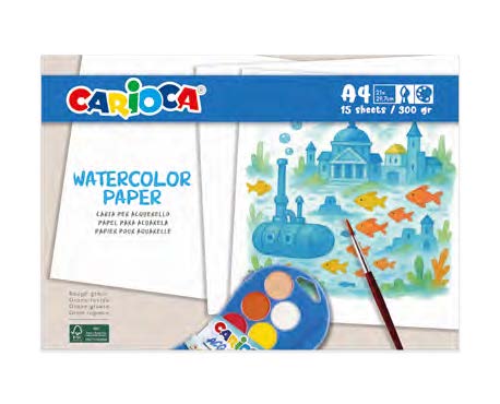 Carioca Watercolor Pack con 15 Hojas A4 para Acuarela - Papel de 300gr - No Deja que los Colores Traspasen