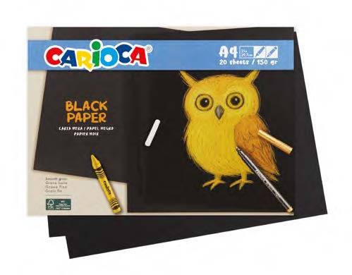 Carioca Black Pack con 20 Hojas A4 de Color Negro - Papel de 150gr - Recomendado para Tizas, Ceras, Rotuladores Brillantes etc...