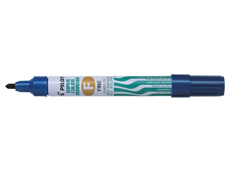 Pilot Super Color Rotulador Permanente Multisuperficie - Punta Fina de Fibra Conica - Tinta Base Alcohol Libre de Xileno - Cuerpo Metalico - Color Azul