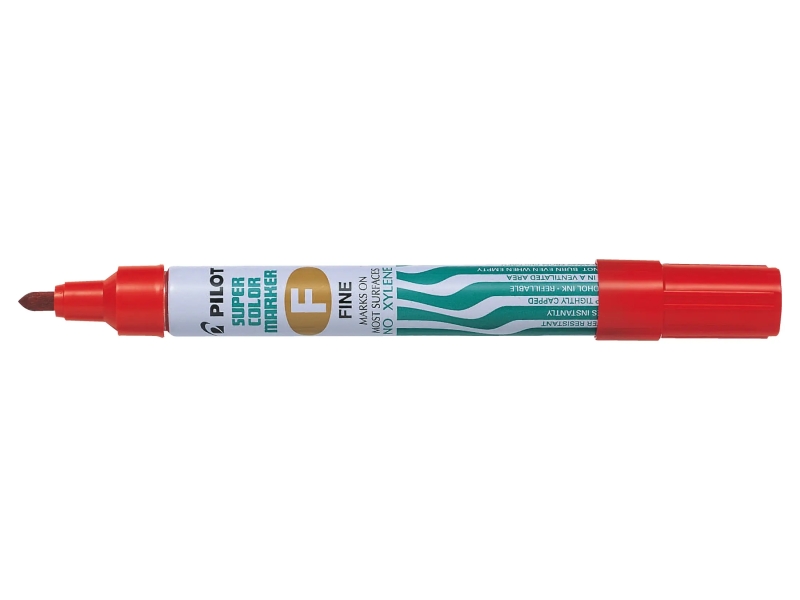 Pilot Super Color Rotulador Permanente Multisuperficie - Punta Fina de Fibra Conica - Tinta Base Alcohol Libre de Xileno - Cuerpo Metalico - Color Rojo