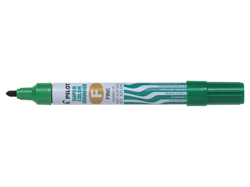 Pilot Super Color Rotulador Permanente Multisuperficie - Punta Fina de Fibra Conica - Tinta Base Alcohol Libre de Xileno - Cuerpo Metalico - Color Verde