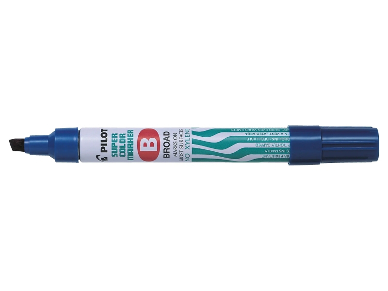 Pilot Super Color Rotulador Permanente Multisuperficie - Punta Biselada de Fibra - Tinta Base Alcohol Libre de Xileno - Cuerpo Metalico - Color Azul